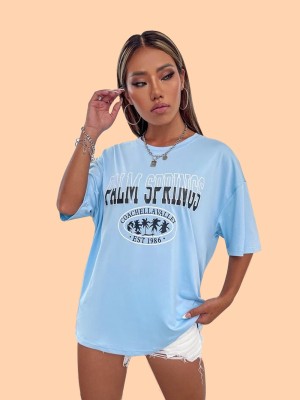 SYDNEY HILLS Printed, Typography Women Round Neck Light Blue T-Shirt