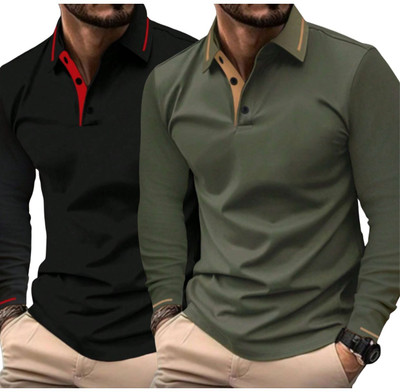 VOID & VOGUE Solid Men Polo Neck Black, Green T-Shirt
