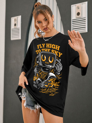 GROHOOD Printed Women Round Neck Black T-Shirt