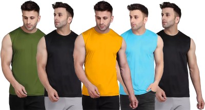 Think Tech Solid Men Round Neck Dark Green, Black, Yellow, Light Blue T-Shirt