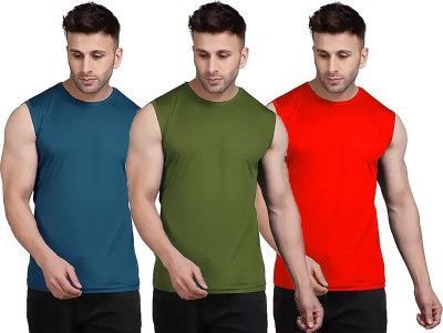 Think Tech Solid Men Round Neck Blue, Dark Green, Red T-Shirt