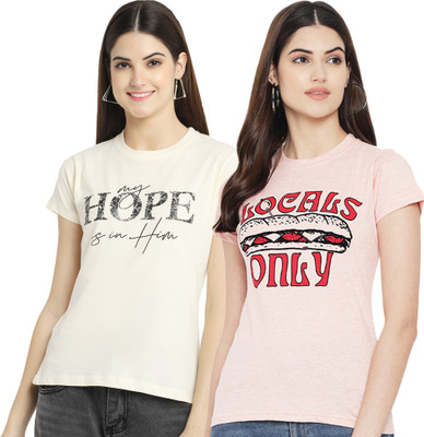 Fabflee Printed Women Round Neck Beige, Pink T-Shirt