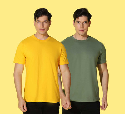 WOOSTRO Solid Men Round Neck Green, Yellow T-Shirt