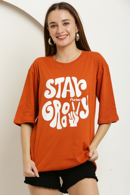 MODERNSSHOP Printed, Typography Women Round Neck Orange T-Shirt