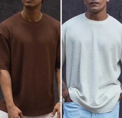 BOOM BAAM Self Design Men Round Neck White, Maroon T-Shirt