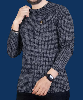 FARBOT Striped Men Round Neck Grey, Blue T-Shirt