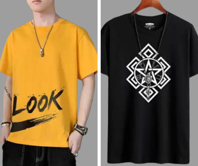 ATTITUDE START OF FASHION Printed Men Round Neck Yellow, Black T-Shirt