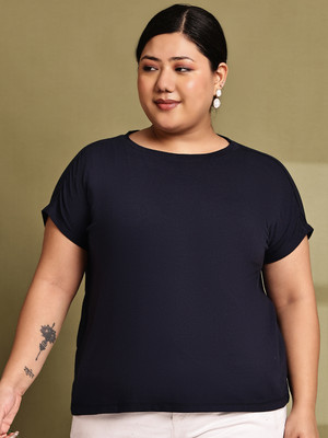 Rute Solid Women Round Neck Reversible Blue T-Shirt