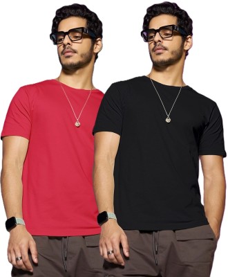 HIGHEK Solid Men Round Neck Black, Red T-Shirt