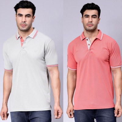 We Perfect Solid Men Polo Neck Grey, Pink T-Shirt