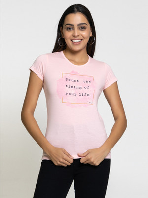 Femea Printed, Typography Women Round Neck Pink T-Shirt