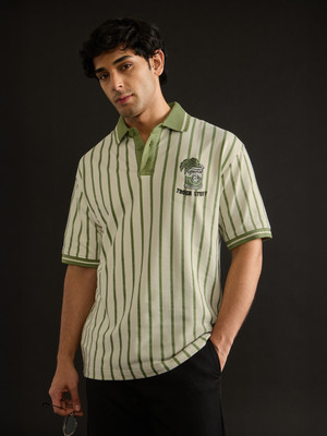 The Souled Store Striped Men Polo Neck Light Green T-Shirt
