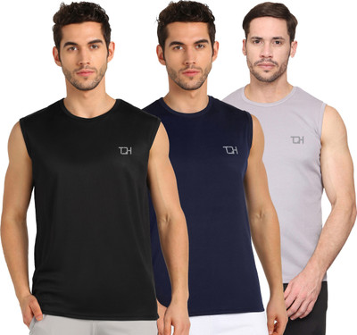 TQH Solid Men Round Neck Dark Blue, Black, Grey T-Shirt