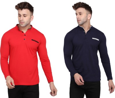 Blisstone Solid Men Mandarin Collar Dark Blue, Red T-Shirt