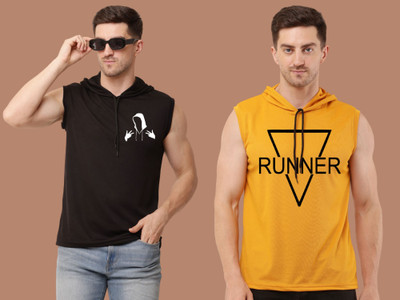 Mundali Printed Men Hooded Neck Black, Yellow T-Shirt