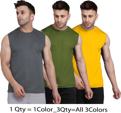 UDI n ADI Solid Men Round Neck Grey, Dark Green, Yellow T-Shirt