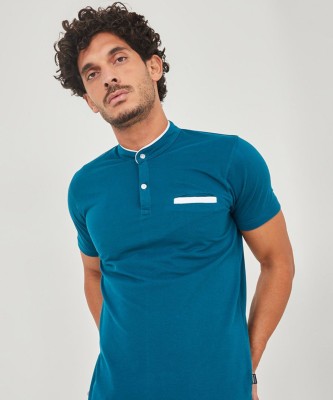 CAMPUS SUTRA Solid Men Mandarin Collar Blue T-Shirt