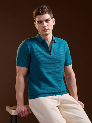 THE BEAR HOUSE Self Design Men Polo Neck Blue T-Shirt
