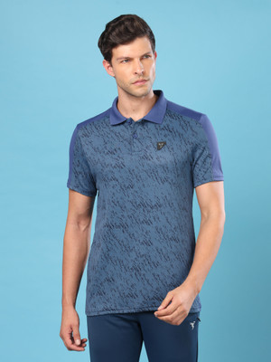 TECHNOSPORT Printed Men Polo Neck Navy Blue T-Shirt