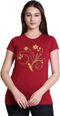 Comfy Sparrow Printed Women Round Neck Maroon T-Shirt