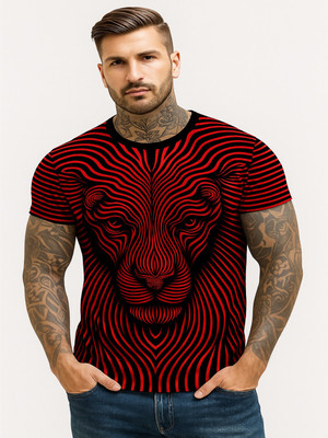 HouseOfCommon Animal Print Men Round Neck Red, Black T-Shirt