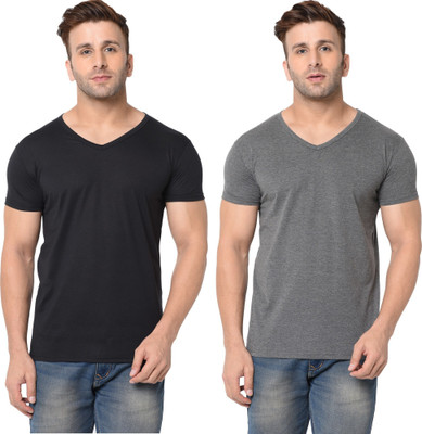 JB Jangoboy Solid Men V Neck Black, Grey T-Shirt