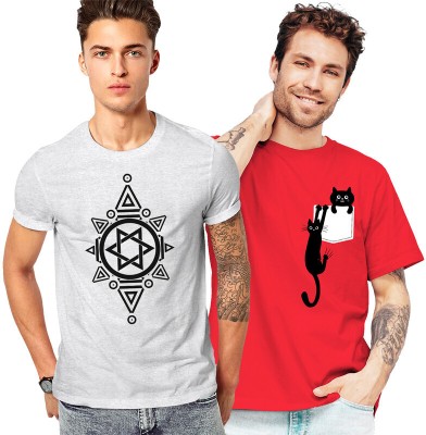 FADMARK Printed Men Round Neck Grey, Red T-Shirt