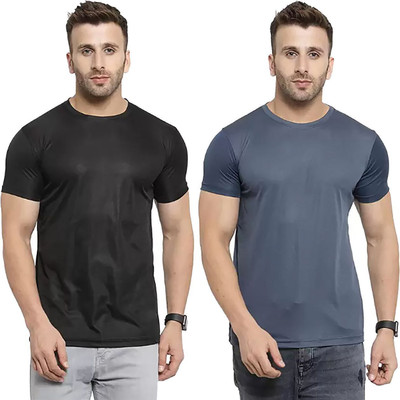RIVAAZ Collections Solid Men Round Neck Black, Grey T-Shirt