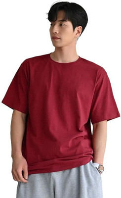 CHITRA STYLE Solid Men Round Neck Maroon T-Shirt