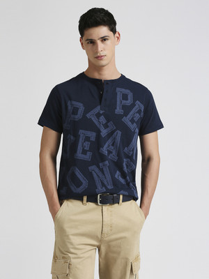 Pepe Jeans Graphic Print Men Henley Neck Blue T-Shirt