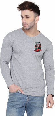 GEUM Printed Men V Neck Silver T-Shirt