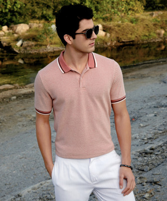 CAMPUS SUTRA Striped Men Polo Neck Pink T-Shirt