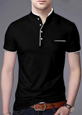 AUSK Solid Men Mandarin Collar Black T-Shirt