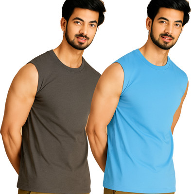 Moordale Solid, Self Design Men Round Neck Grey, Blue T-Shirt