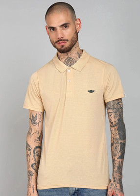 METRONAUT Solid Men Polo Neck Beige T-Shirt