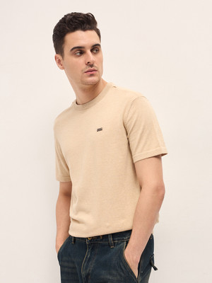 THE BEAR HOUSE Solid Men Crew Neck Beige T-Shirt