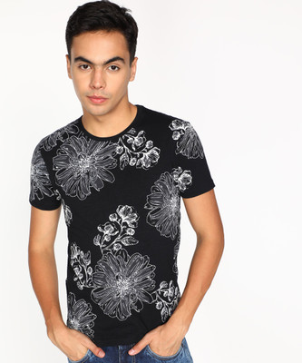 FLYING MACHINE Printed Men Round Neck Black T-Shirt