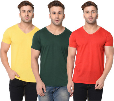 JB Jangoboy Solid Men V Neck Dark Green, Red, Yellow T-Shirt