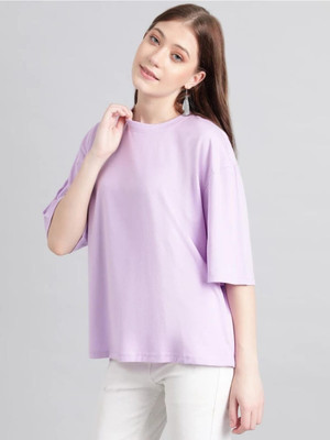 Pwexz Self Design Women Round Neck Purple T-Shirt