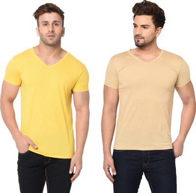Moordale Fab Solid Men V Neck Beige, Yellow T-Shirt