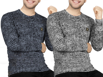 AVOLT Self Design Men Round Neck Grey, White, Black T-Shirt