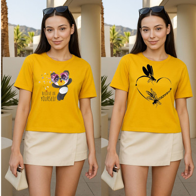 Herway Graphic Print Women Round Neck Yellow T-Shirt