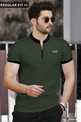 TRIPR Solid Men Henley Neck Dark Green, Black T-Shirt