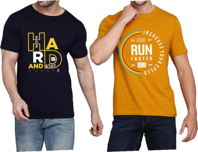 WOOSTRO Printed Men Round Neck Dark Blue, Brown T-Shirt