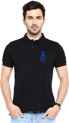 PRINTONLINE Self Design Men Polo Neck Black T-Shirt