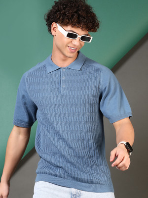 V-MART Self Design Men Polo Neck Blue T-Shirt