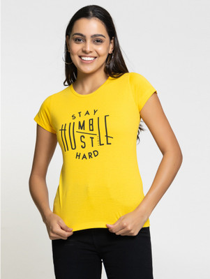 Femea Printed Women Round Neck Yellow T-Shirt