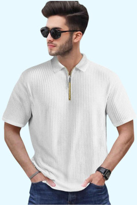 TEMUK Self Design Men Zip Neck White T-Shirt
