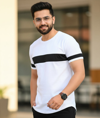 Ganpati Solid Men Round Neck White, Black T-Shirt