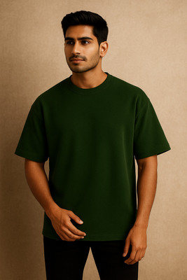 Hornignite Solid Men Round Neck Dark Green T-Shirt